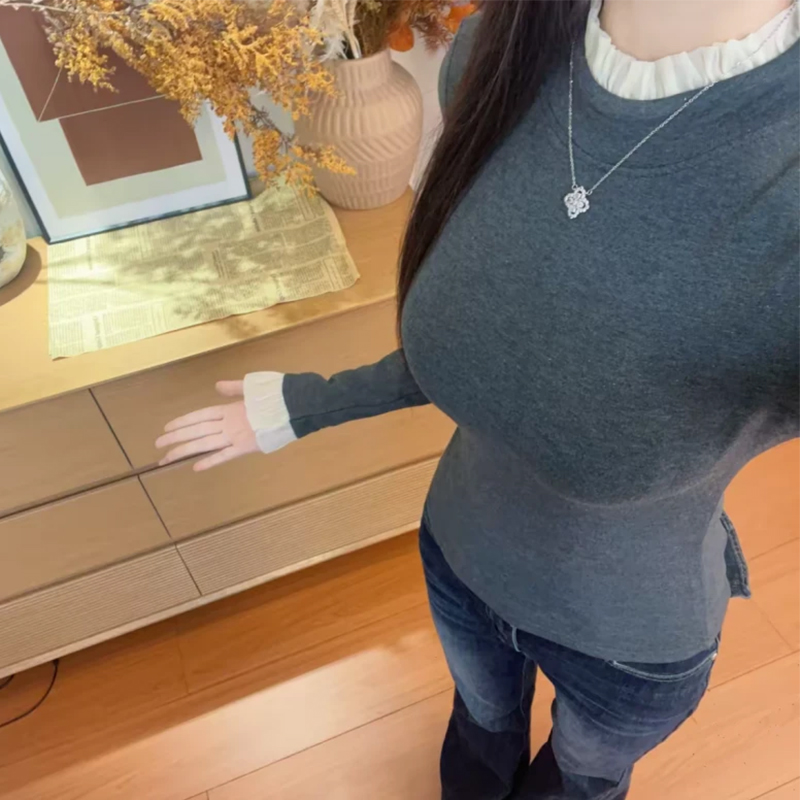 韩系气质拼接木耳边长袖T恤长袖T恤女装秋冬宽松显瘦内搭打底上衣