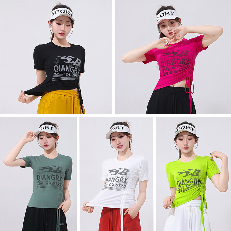 广场舞上衣单件女款夏季薄款飘带短袖透气时尚曳步舞显瘦修身T恤