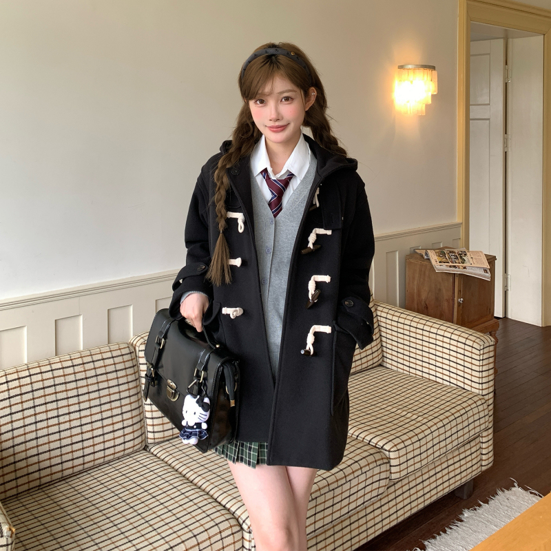 东京岁时记jk秋冬新款黑色毛呢大衣女牛角扣小个子中长款连帽外套