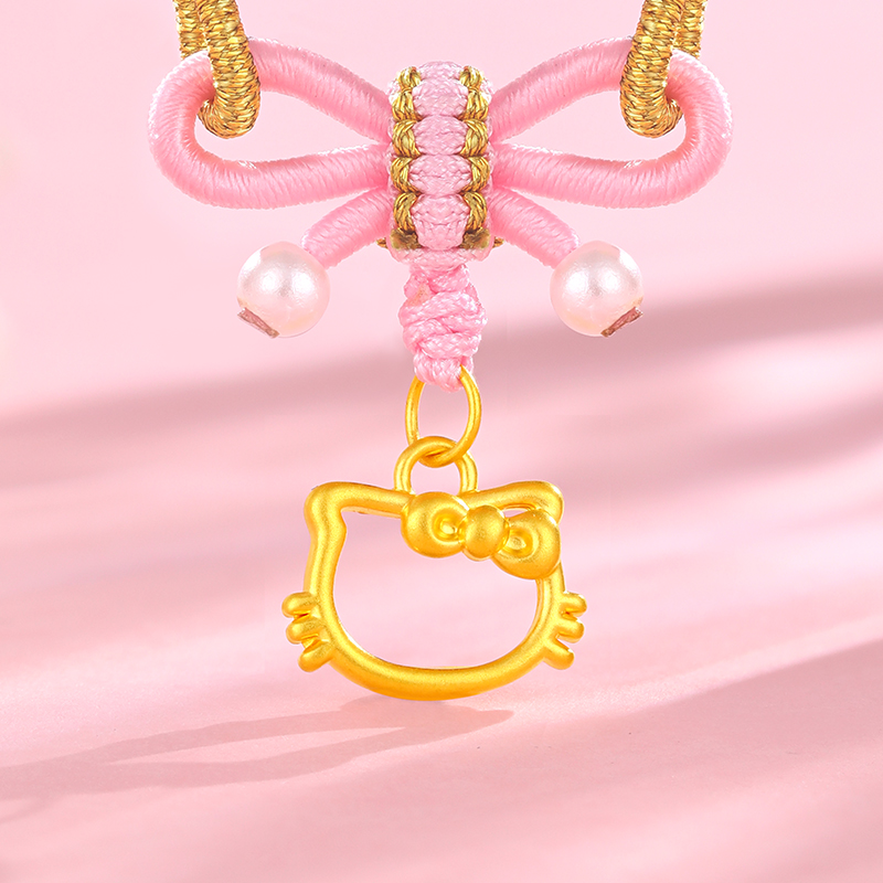 周金生hellokitty黄金项链缕空KT猫咪吊坠蝴蝶结编绳项链生日礼物