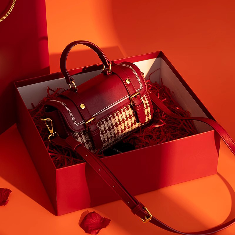 红色千鸟格剑桥包女结婚包包新娘包斜挎包手提小包送女友圣诞礼物