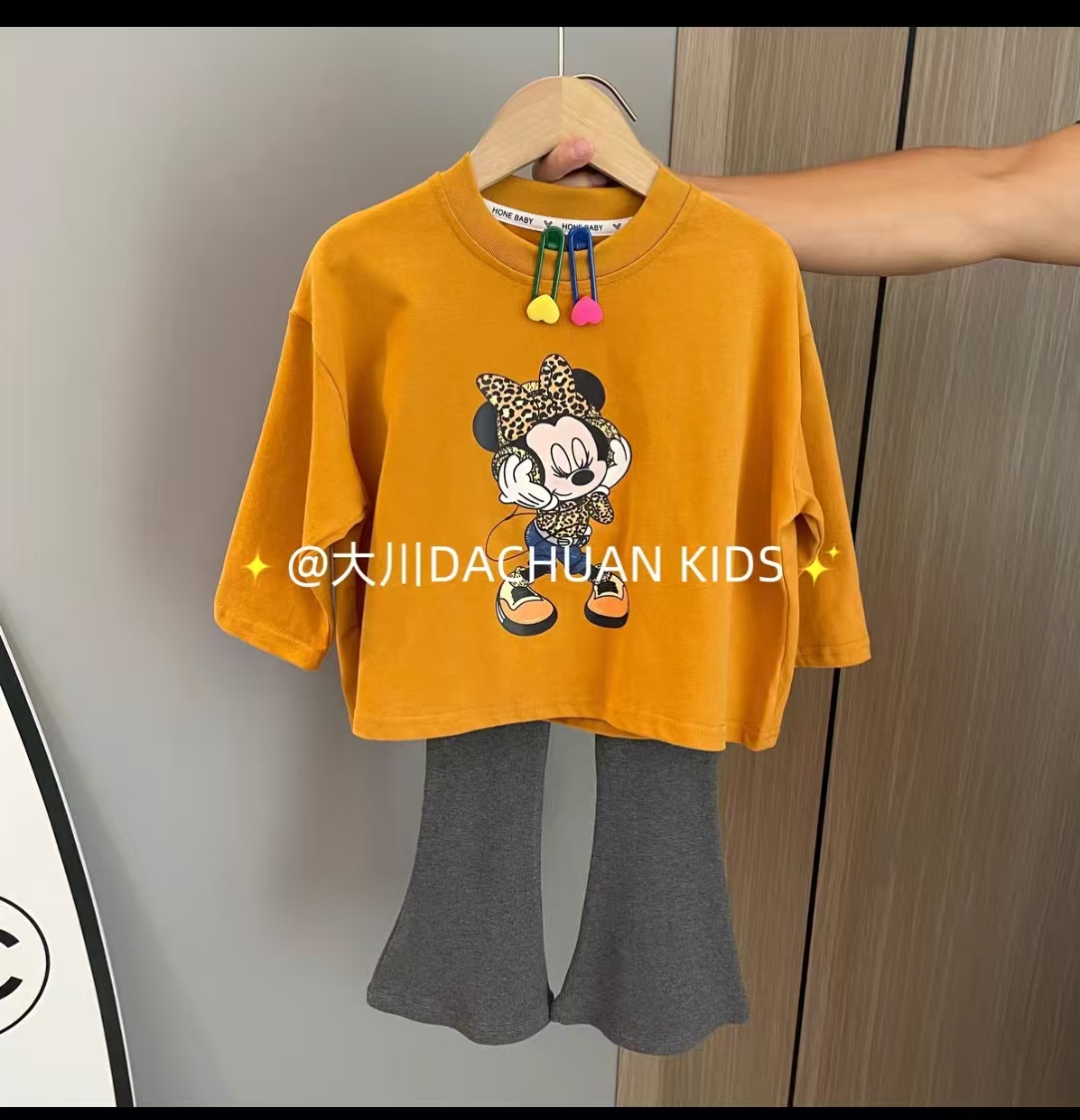 女童韩版宽松米奇长袖T恤上衣打底裤两件套2025秋装新款时髦休闲T