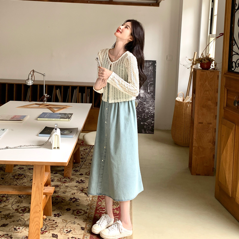 法式氛围感镂空开衫吊带裙2025初秋新款复古高级感温柔风气质套装