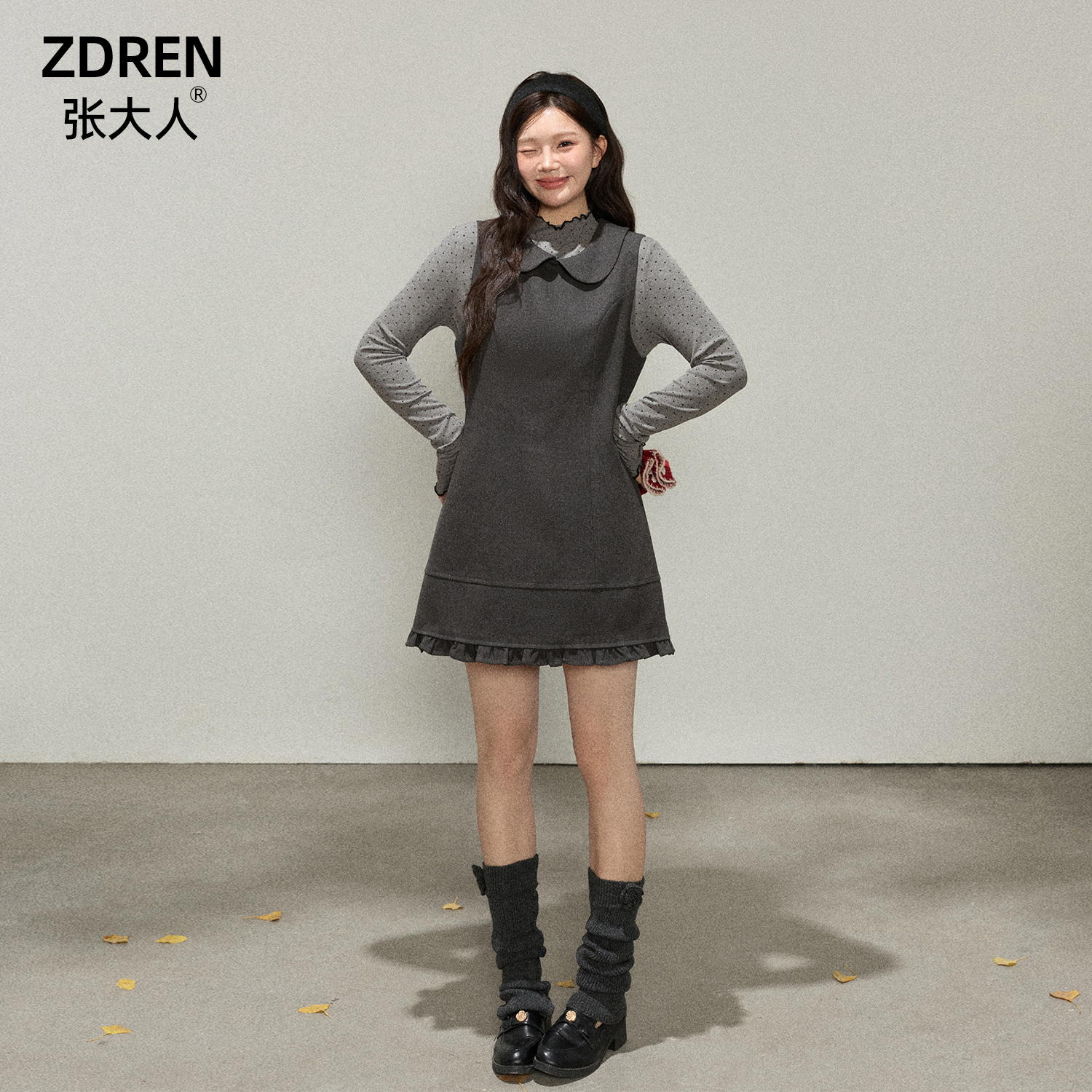 张大人【安妮霍尔】大码女装微胖妹妹灰波点打底衫搭配娃娃领连衣裙