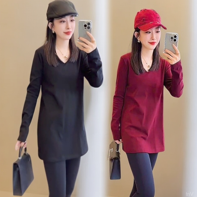 百搭欧货v领中长款T恤纯色正肩显瘦时尚打底衫减龄洋气通勤宽松