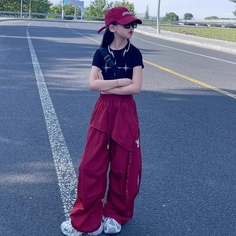 女童短袖裤子时髦工装裤夏季薄款速干美式高腰爵士舞休闲洋气裤