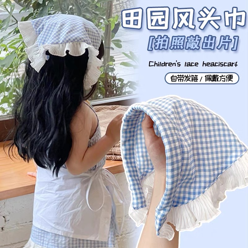 田园风发箍春夏拍照出片格子发巾法式多巴胺头巾蕾丝三角巾女海边