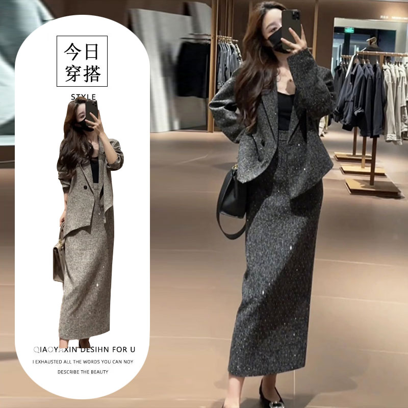 秋装搭配一整套装女时尚洋气镶钻西装外套半身裙气质小香风两件套