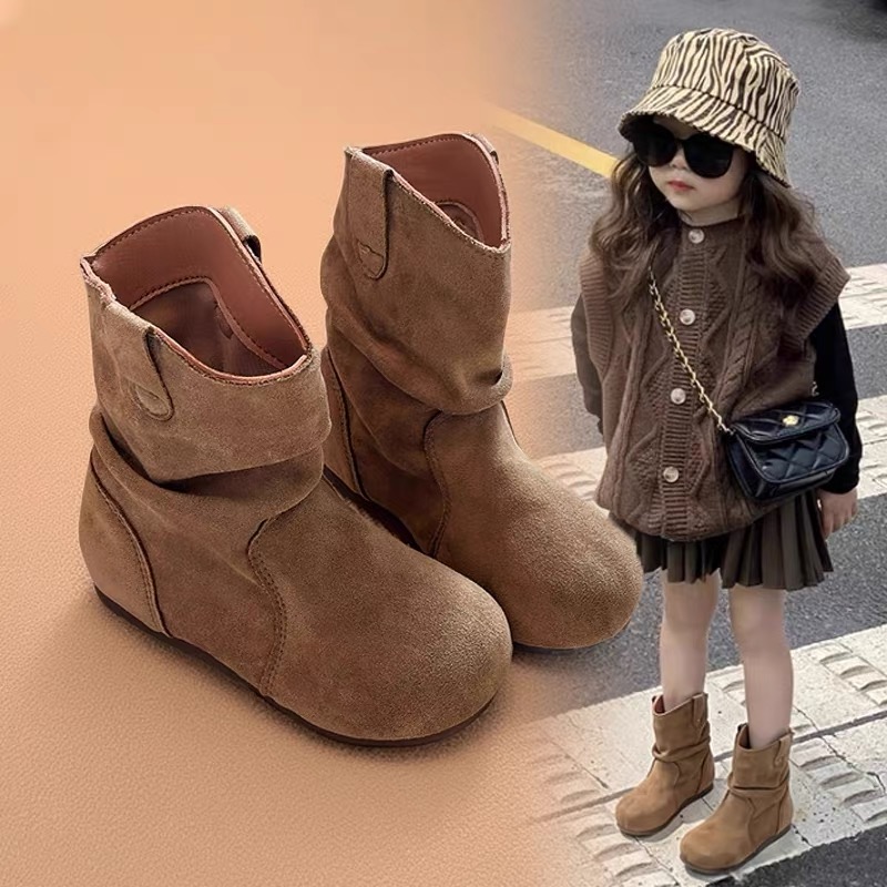 ABC女童靴子2025新款秋冬加绒女孩复古堆堆靴女宝时尚中筒马丁靴