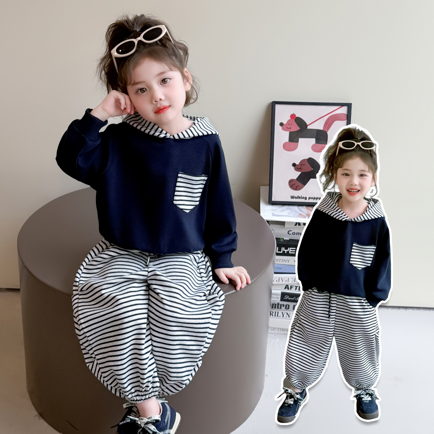 女童连帽条纹卫衣套装洋气运动儿童春秋季新款女宝宝休闲两件套潮