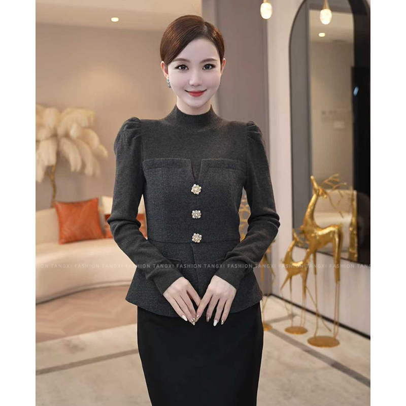 2025秋冬季新款【7925】含绵羊毛拼接毛呢时尚显瘦收腰灰色针织衫女