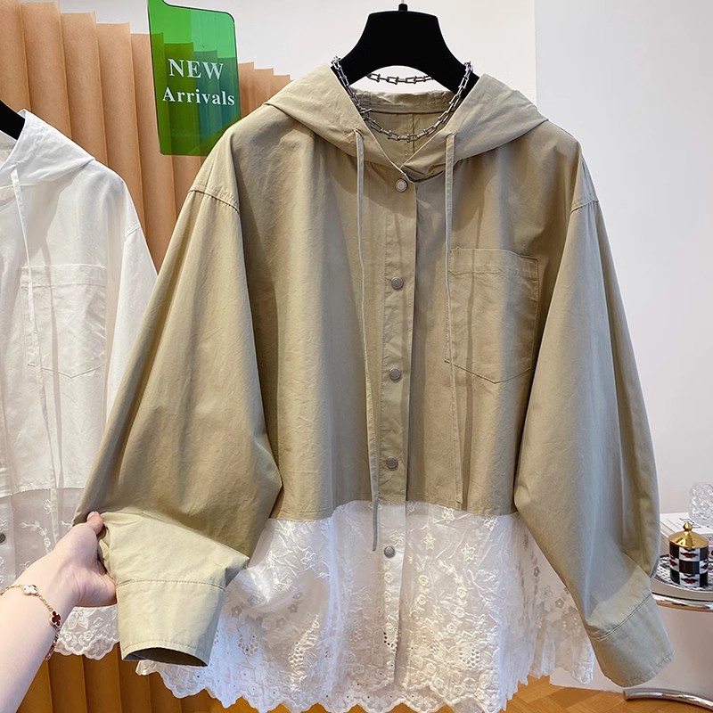 设计感下摆蕾丝拼接长袖连帽衬衫外套女装早春新款百搭休闲衬衣潮