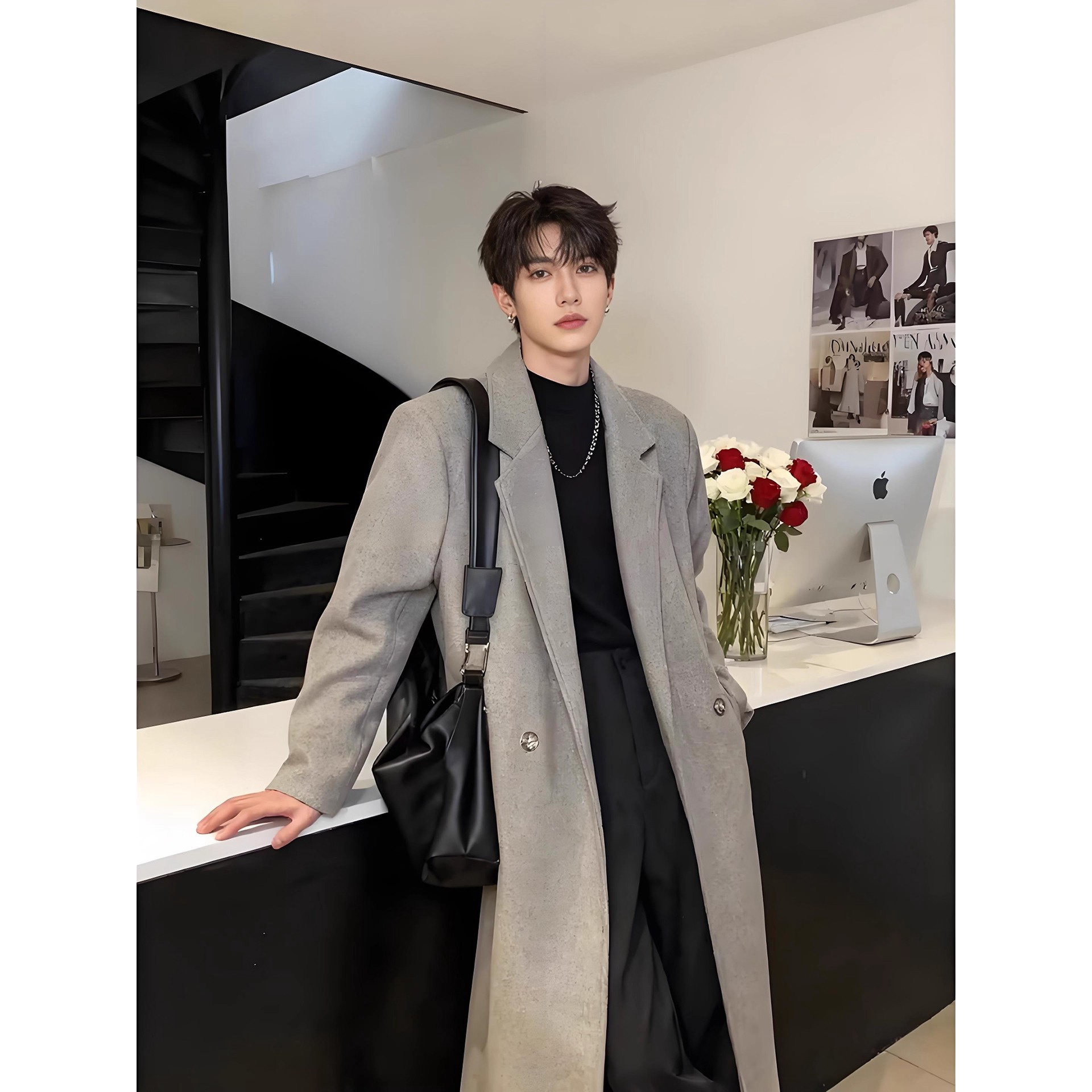 燕麦色中长款毛呢大衣男款秋冬季加棉加厚西装外套高级感呢子风衣