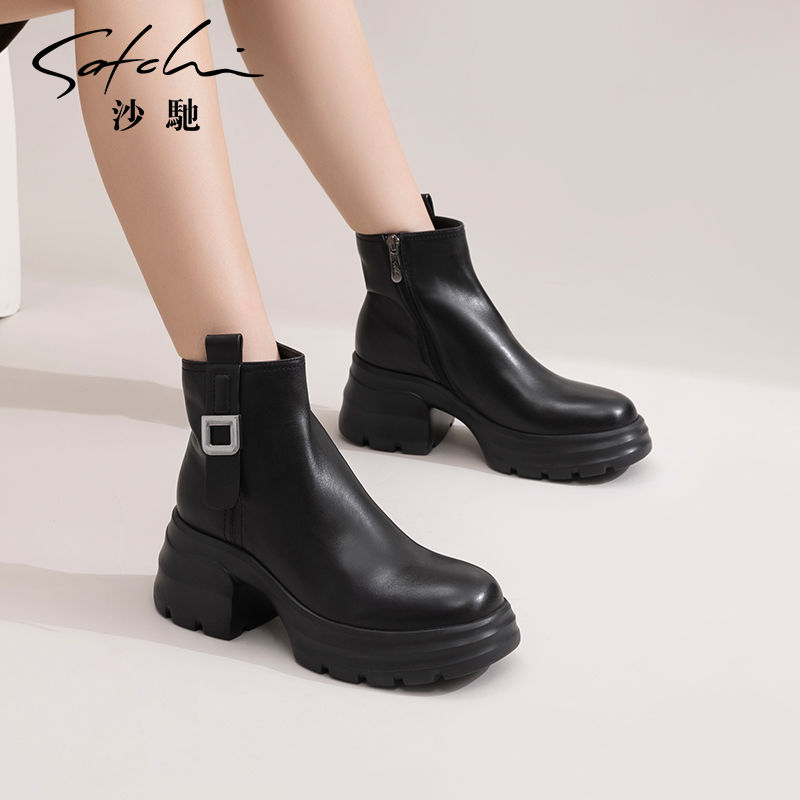 沙驰女鞋个性粗跟厚底增高短靴2025年秋冬季新款舒适通勤时装靴子