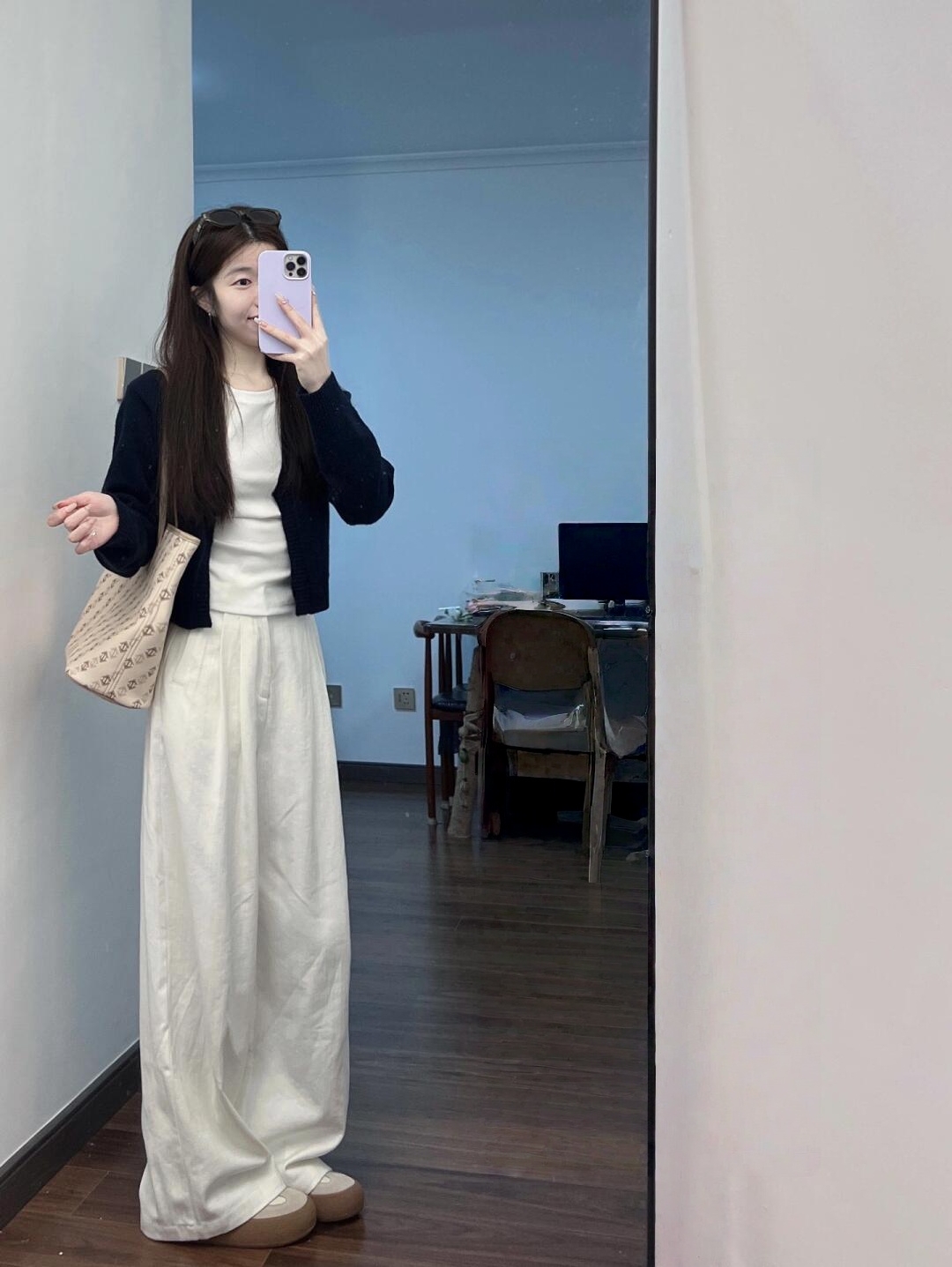 【秋日温柔】韩系藏青色针织长袖开衫小香风外套休闲气质三件套套装