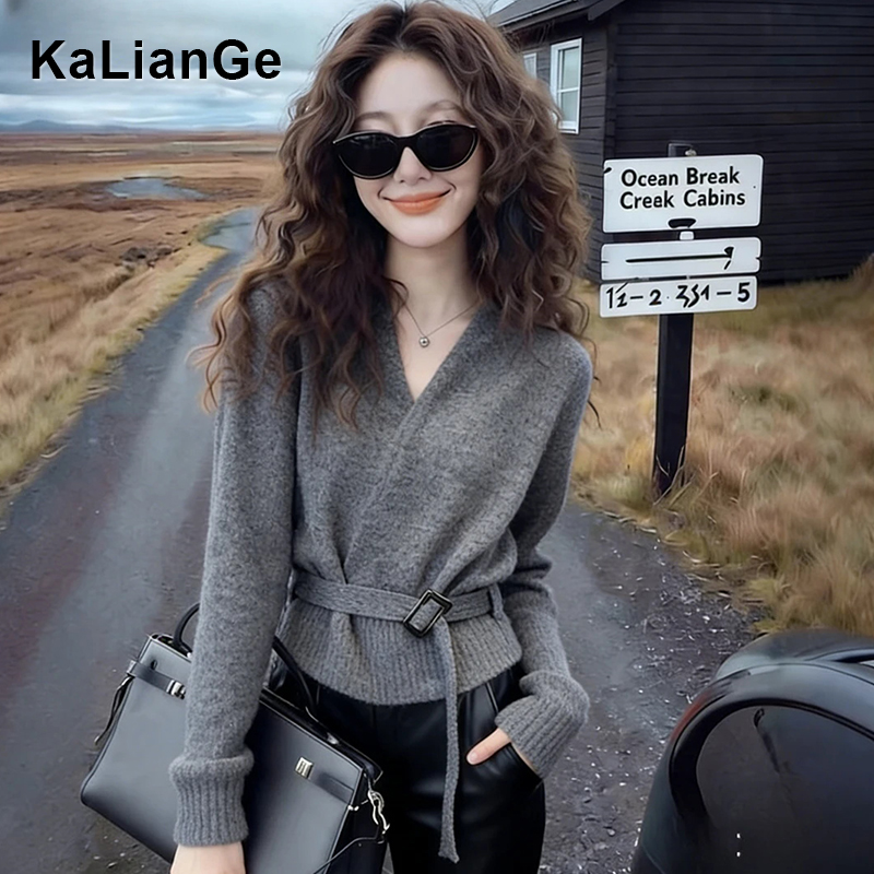 卡莲格/收腰百搭显瘦羊毛针织衫女秋冬季法式慵懒风复古系带毛衣