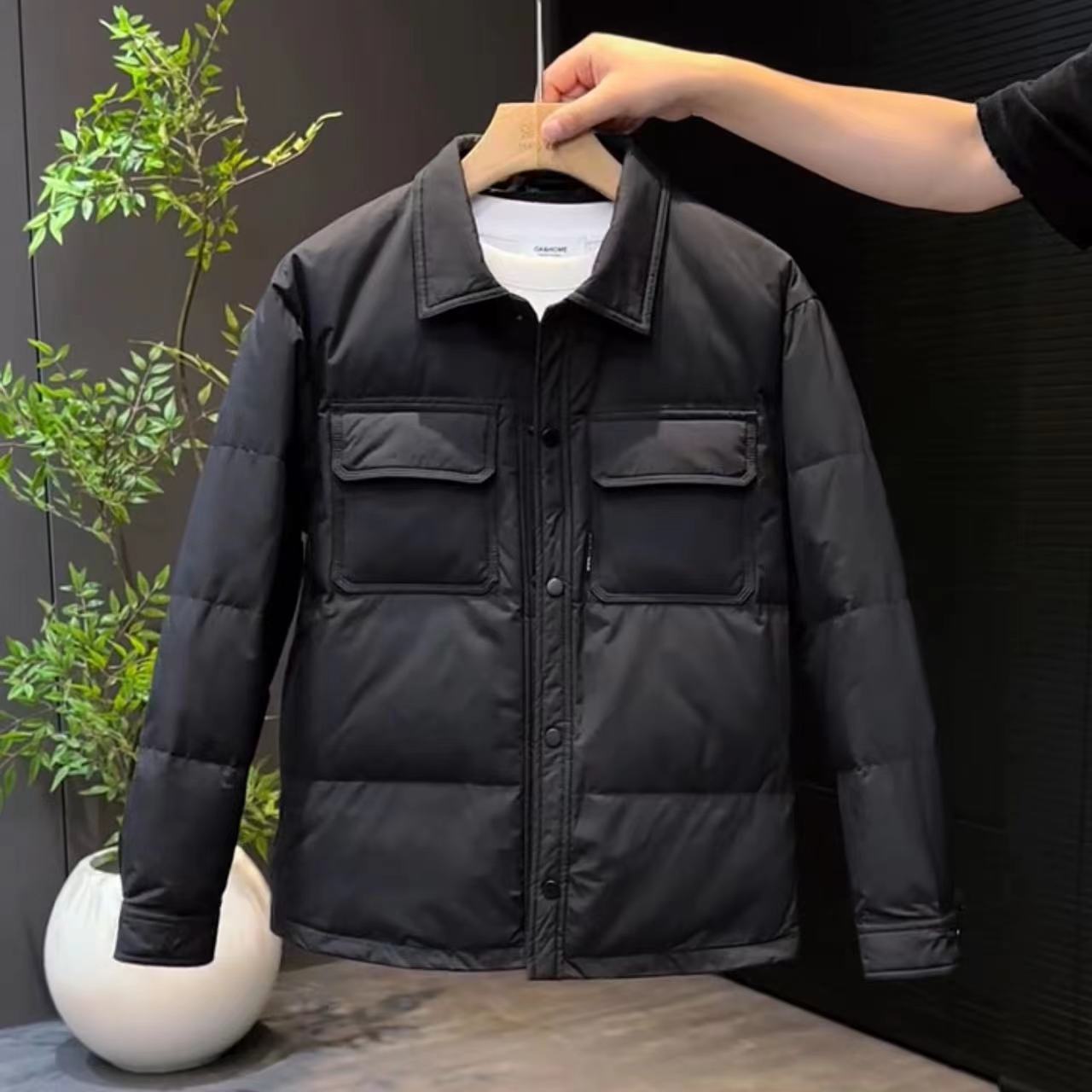 轻薄羽绒服男士秋季韩版纯色简约翻领衬衫青年休闲短款白鸭绒外