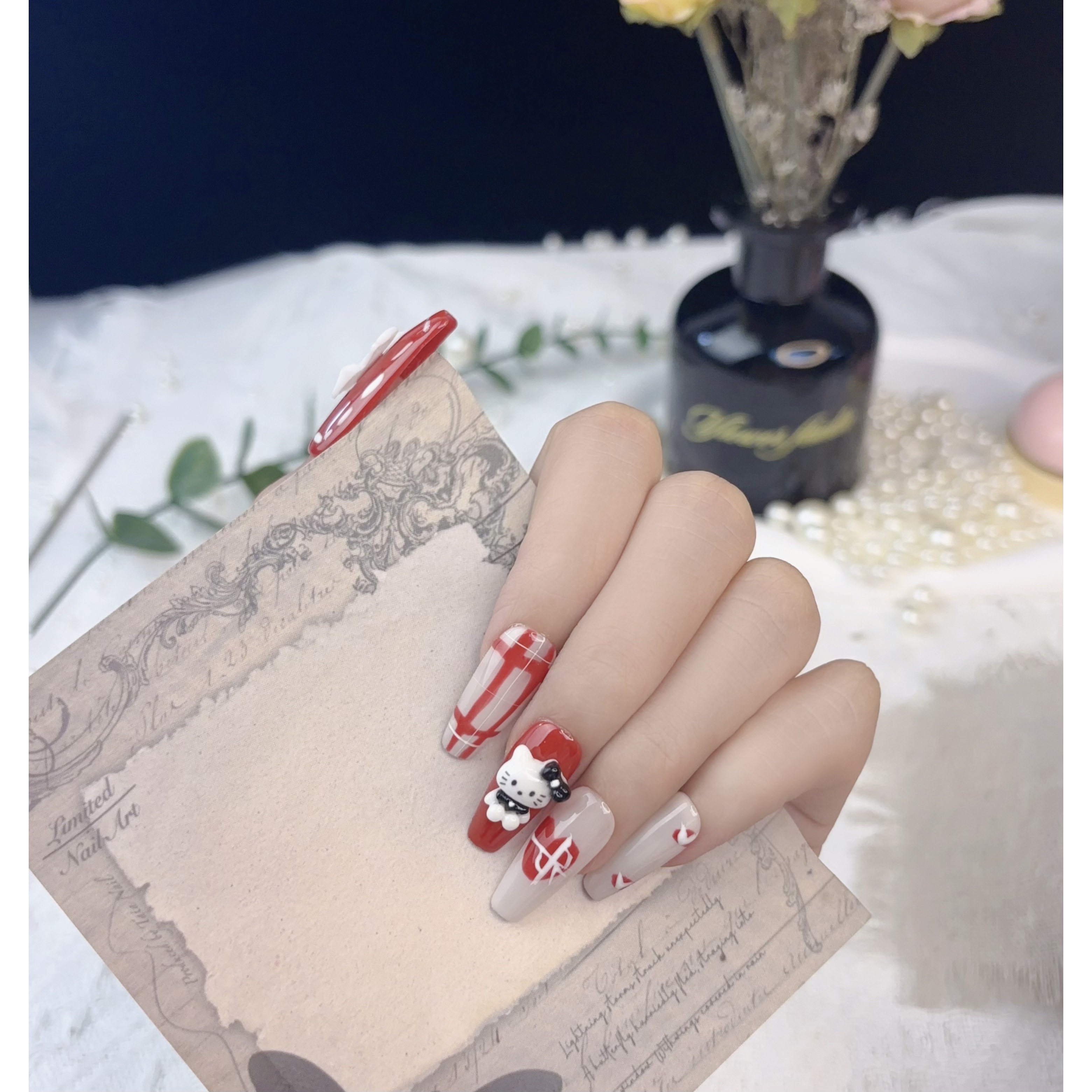 【全疆包邮044】高级纯欲纯手工穿戴甲ins风穿戴式可爱红色气质