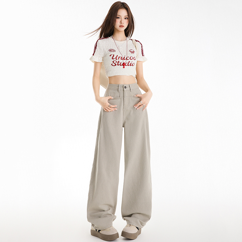 复古窄版弯刀牛仔裤女2025早秋新款时尚高腰宽松垂感镰刀堆堆裤子