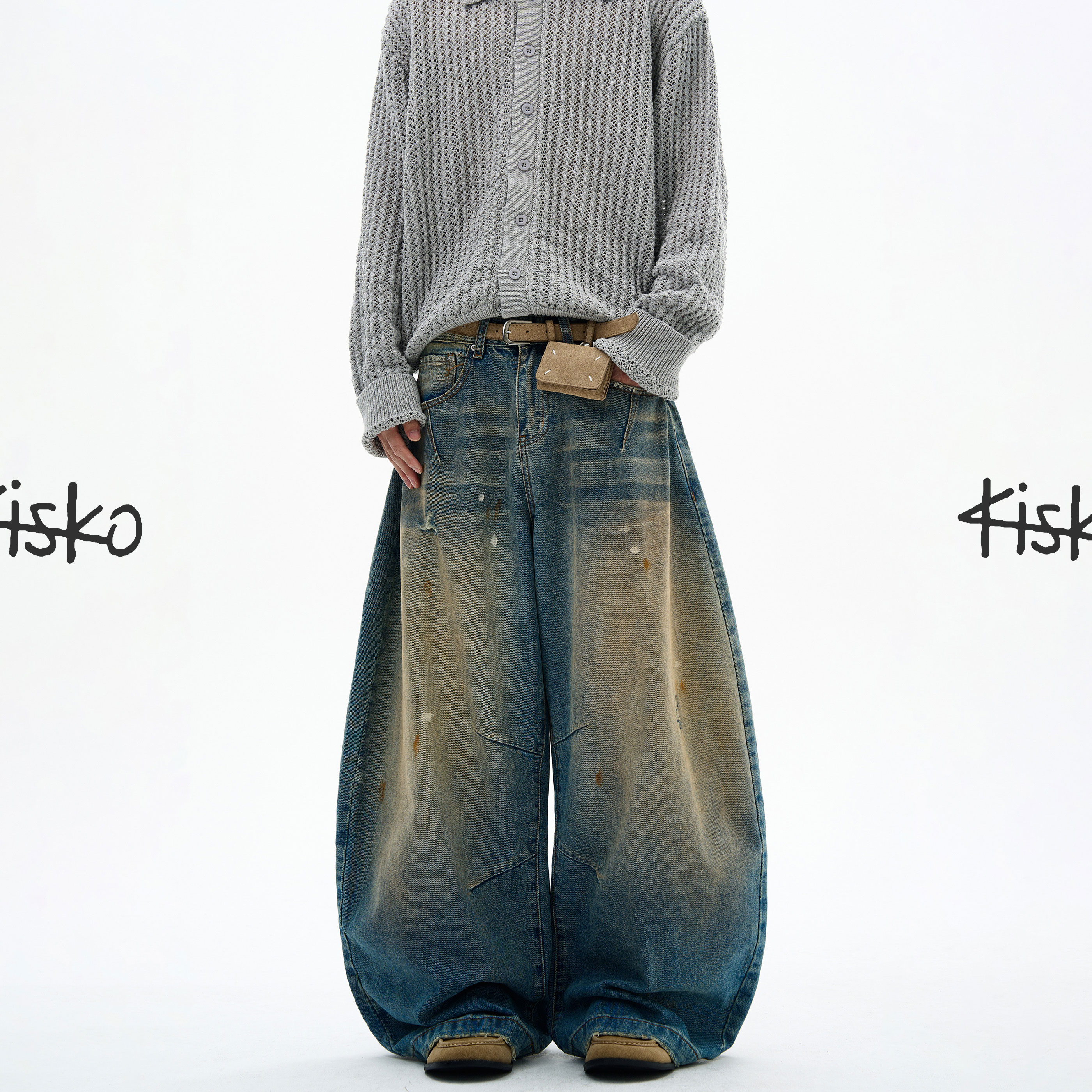 KISKO美式高街水洗黄泥染泼墨弯刀牛仔裤男女潮牌阔腿设计感裤子