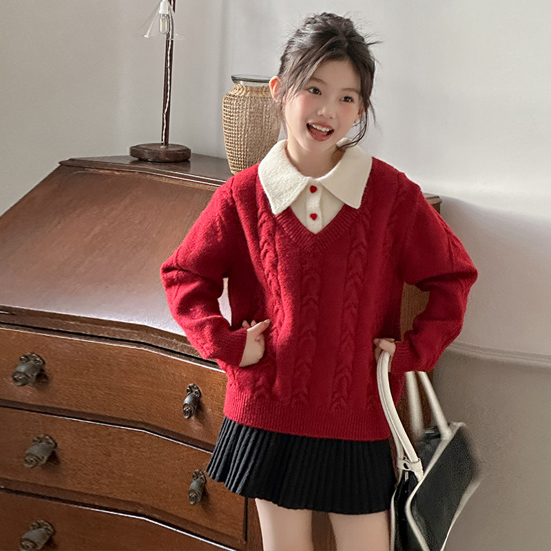 女童高级感毛衣冬季2025新款洋气儿童韩系学院风衬衫领加厚针织衫
