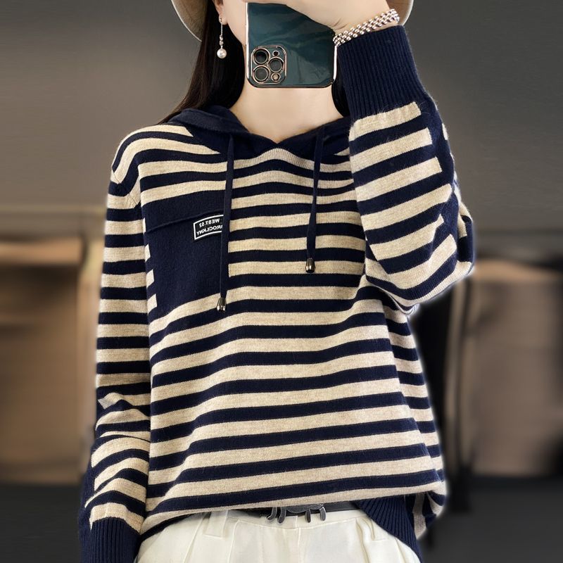 【100%好毛衫】秋冬条纹连帽打底针织衫女外套毛衣宽松上衣帽衫