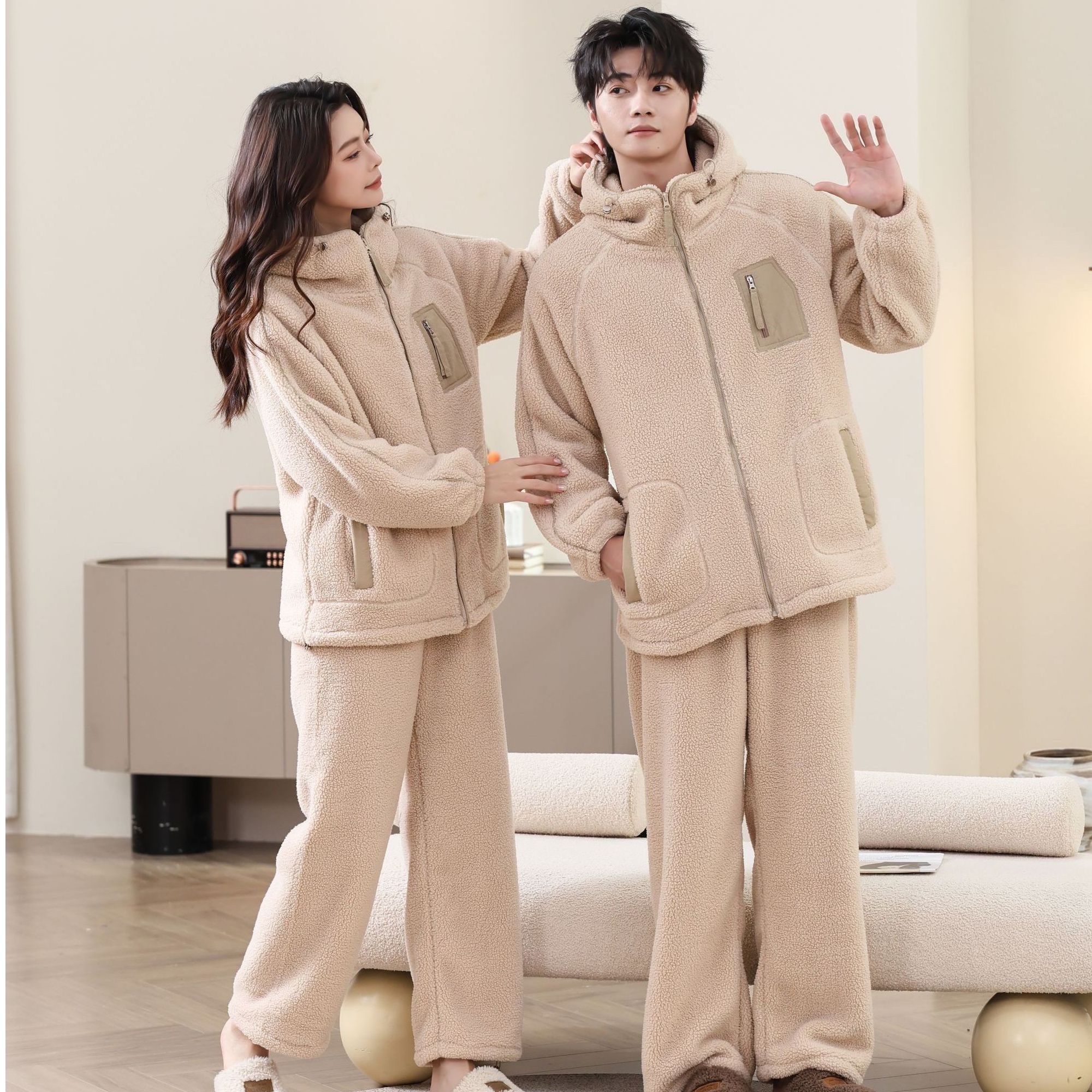 猫宸2025新款冬款极寒连帽循环蓄温速暖双面加绒加厚家居服套装