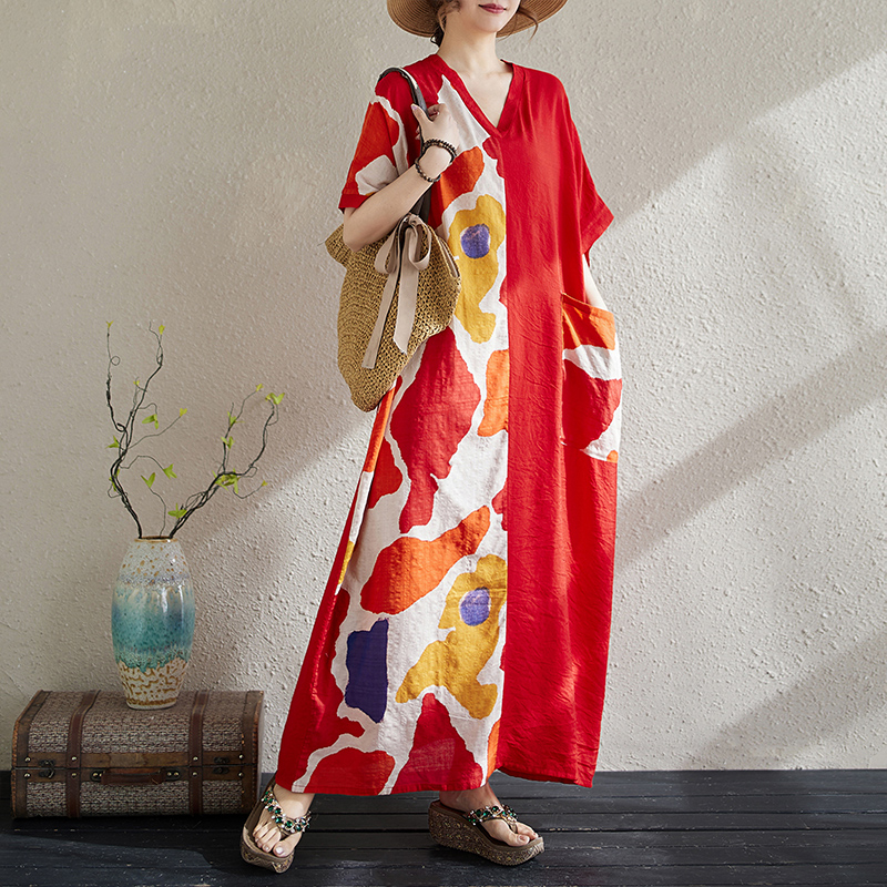 品牌折扣店时尚减龄文艺印花2025夏季款女短袖连衣裙遮肚显瘦长裙