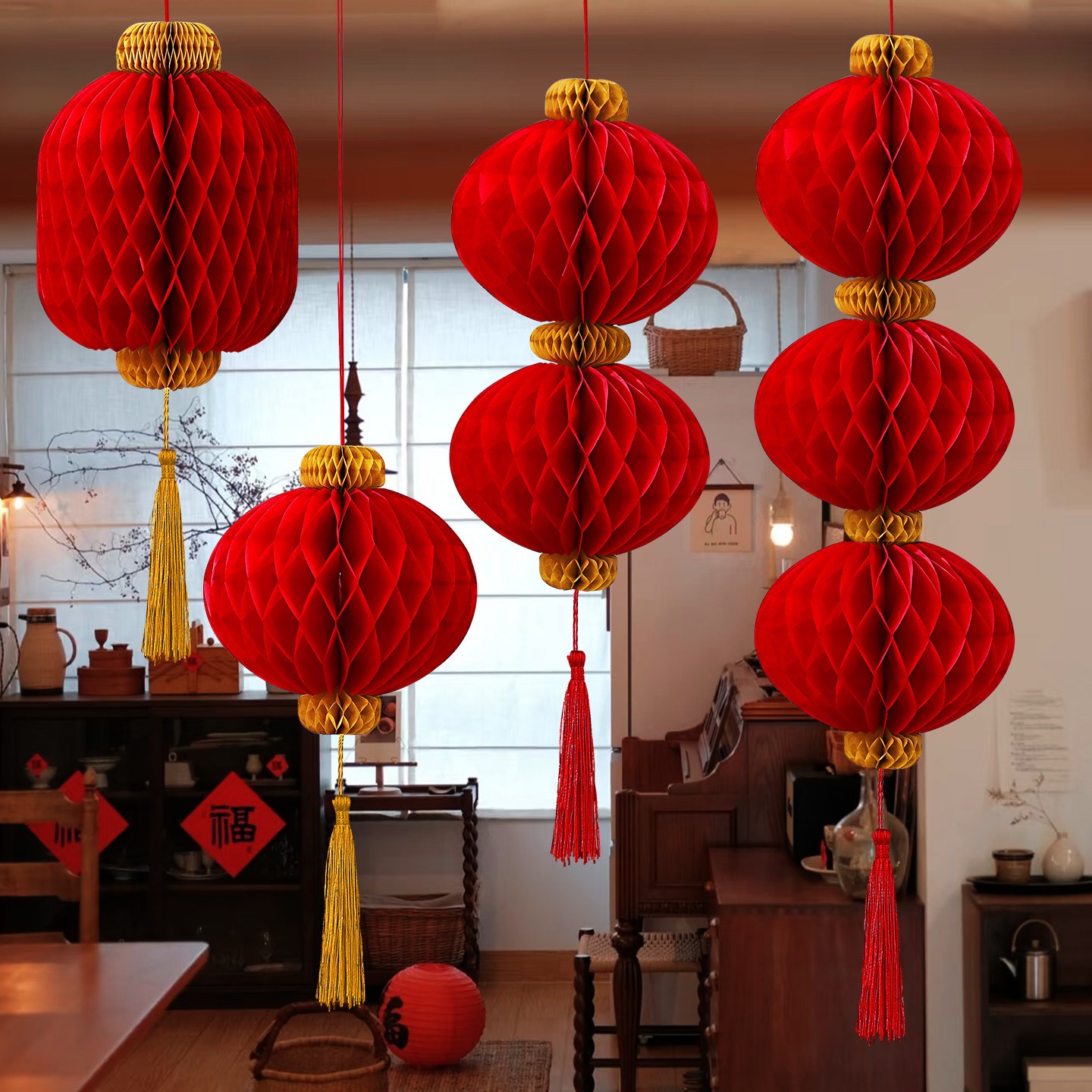 新年装饰红灯笼挂件2026马年商场店铺蜂窝球挂饰春节过年氛围布置