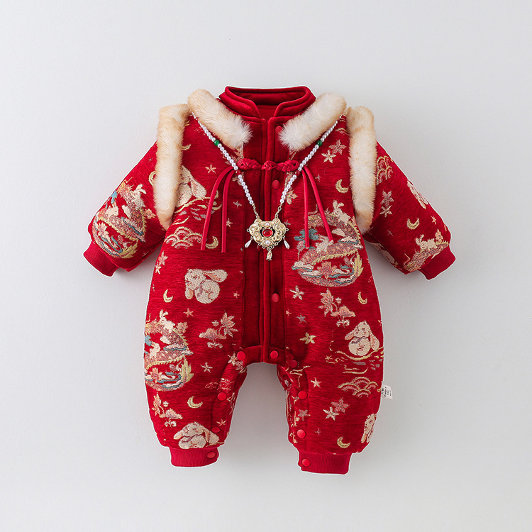 婴幼儿冬季保暖衣服满月百天连体衣年服可爱周岁爬服外出加厚棉衣