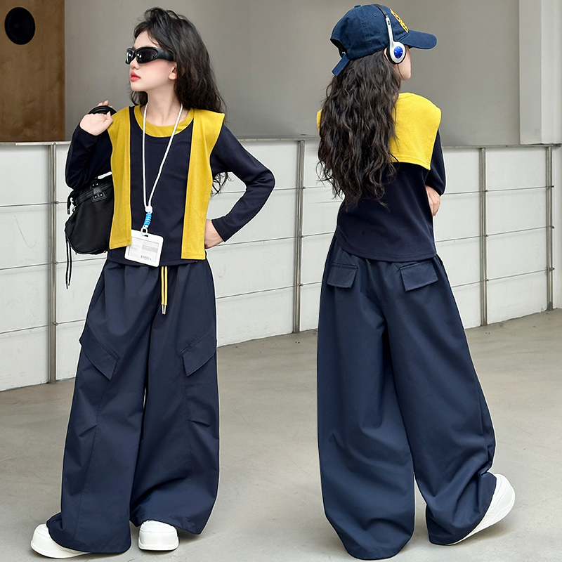 女童工装裤套装2025新款儿童休闲秋装韩版女孩长袖T恤两件套洋气