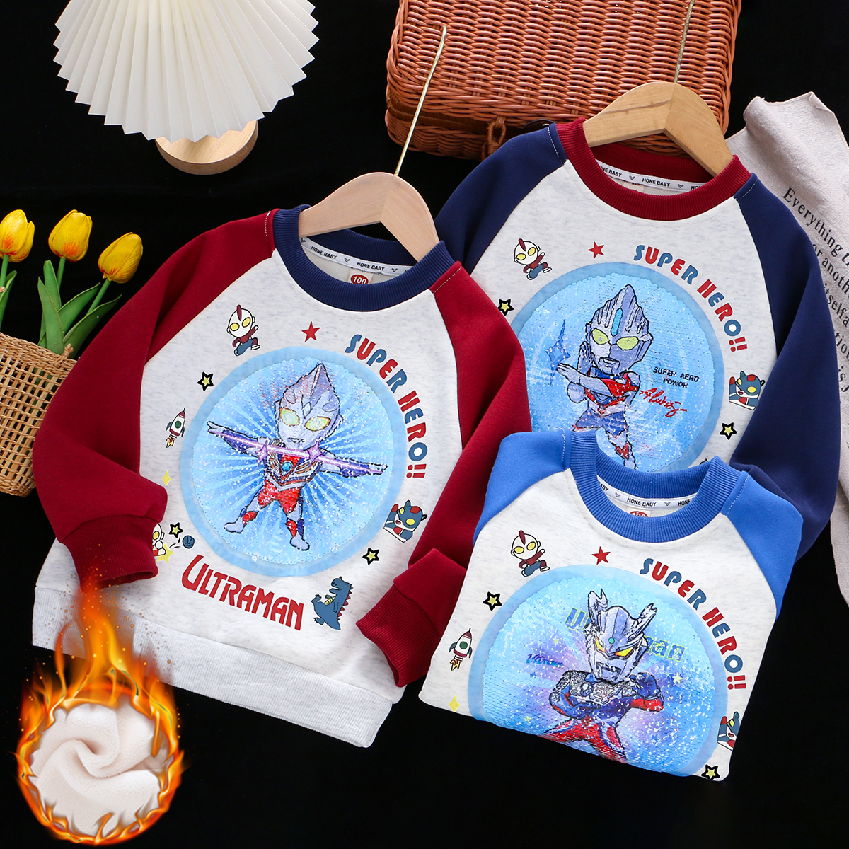 男童纯棉加绒变色奥特曼卫衣25秋冬儿童装小男孩加厚保暖亮片上衣