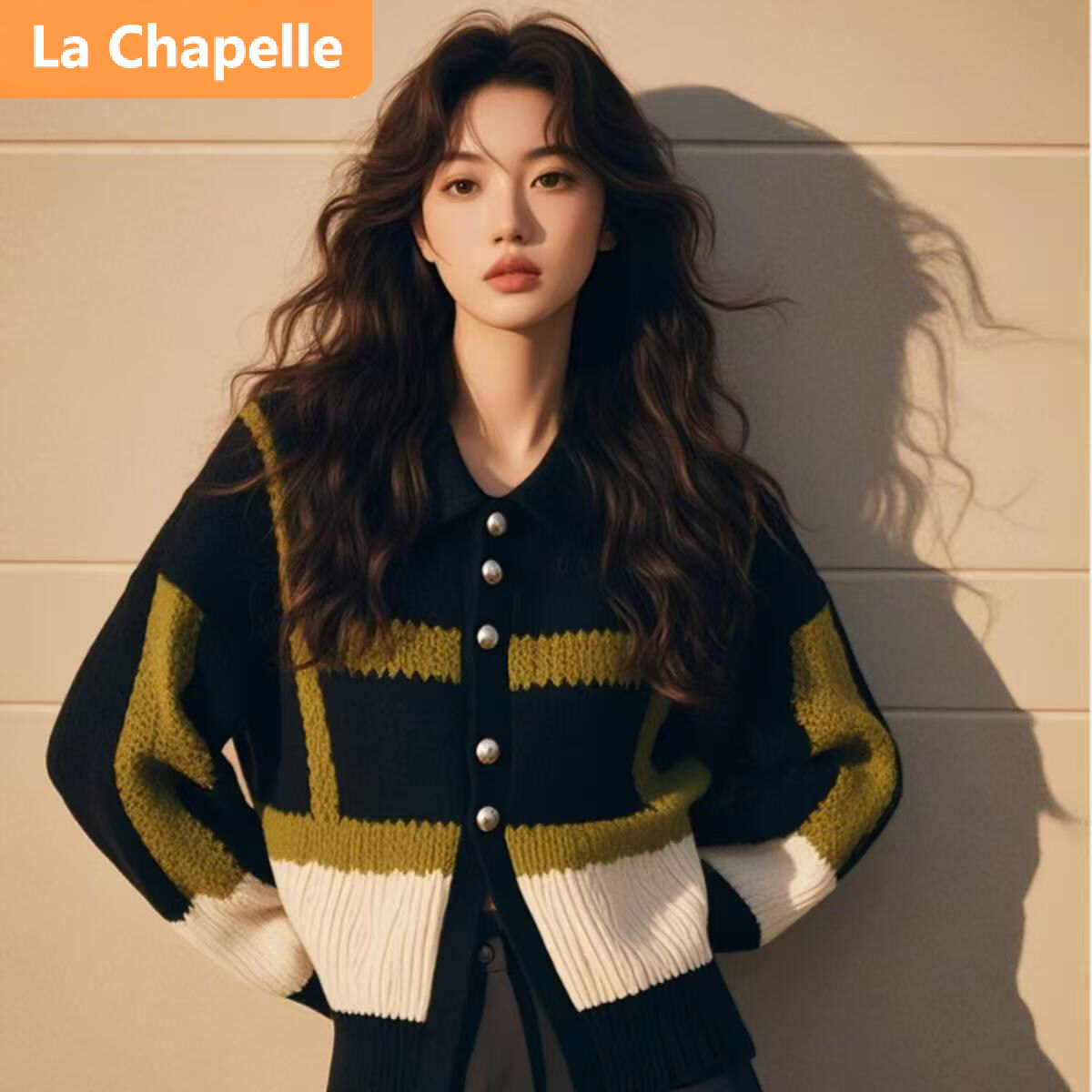 拉夏贝尔秋季V领撞色小众设计感高级感针织衫宽松显瘦慵懒风上衣