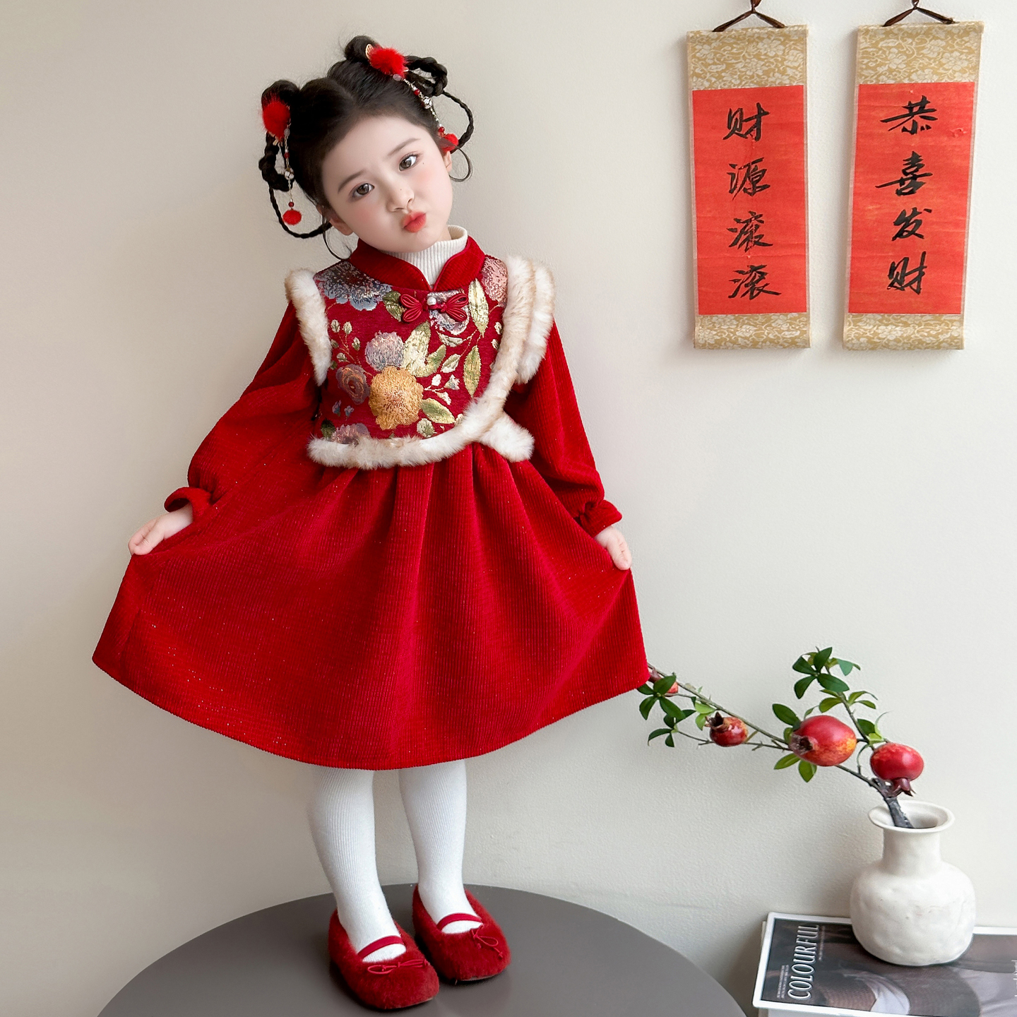 女童加绒拜年服裙子冬季2025新款中国风唐装旗袍女宝宝元旦演出服