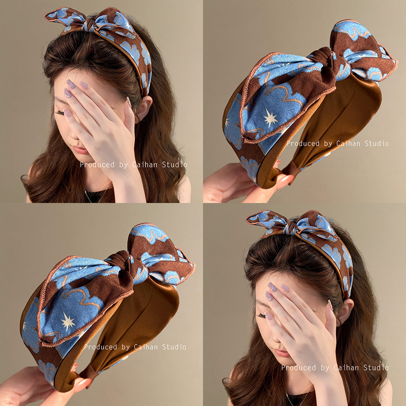 秘境仙踪~蓝咖撞色印花兔耳发箍2025新款高颅顶头箍日常洋气旅行