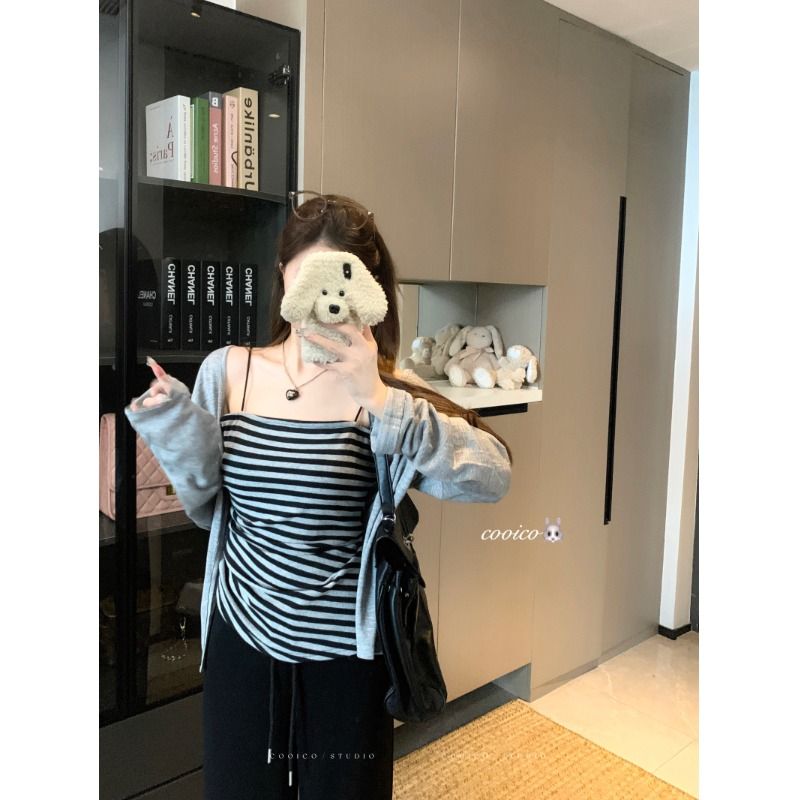 大码时尚条纹吊带背心女夏季胖mm显瘦无袖上衣薄款防晒开衫两件套