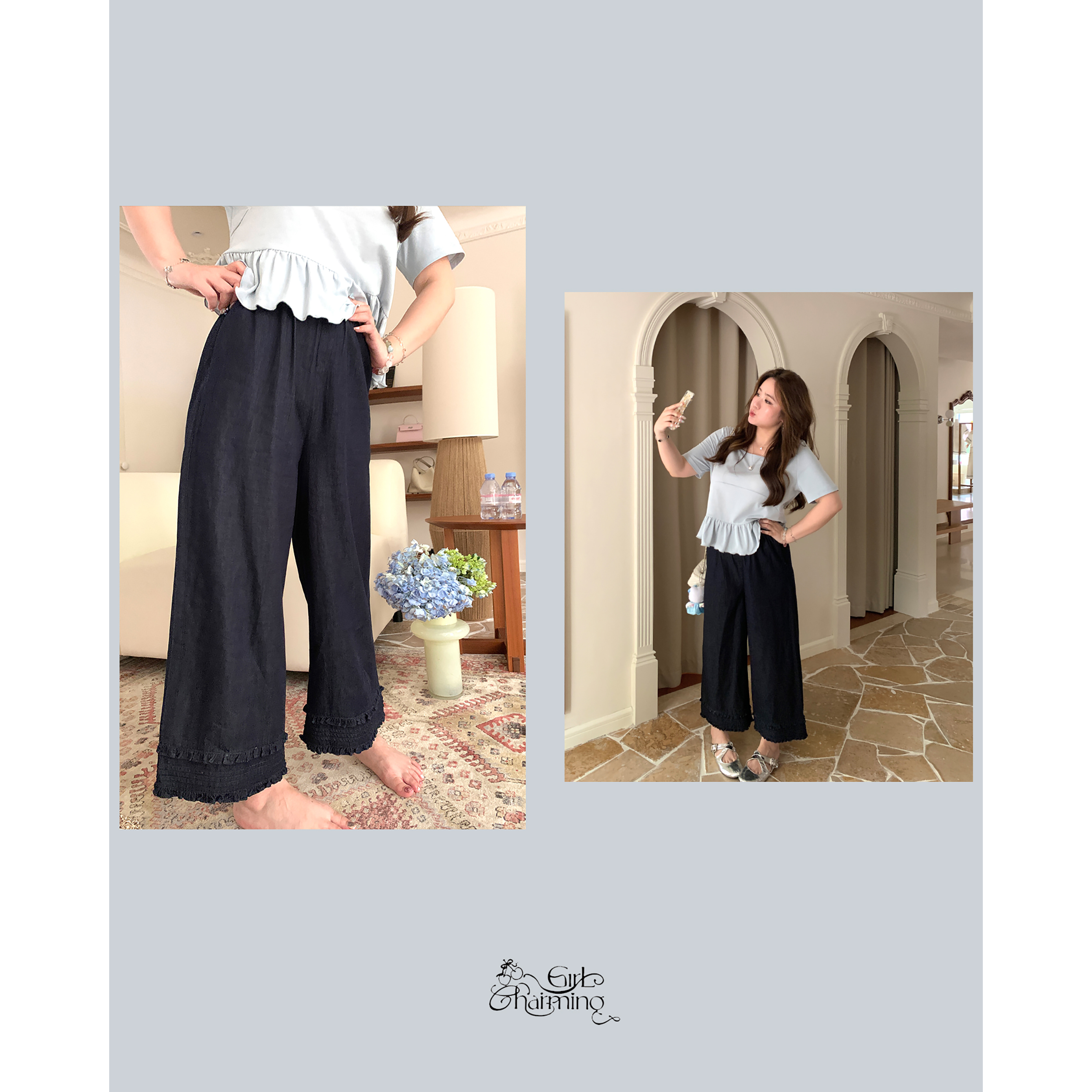 脚趾筋微胖MM大码韩韩嘟 小花边原牛9分裤