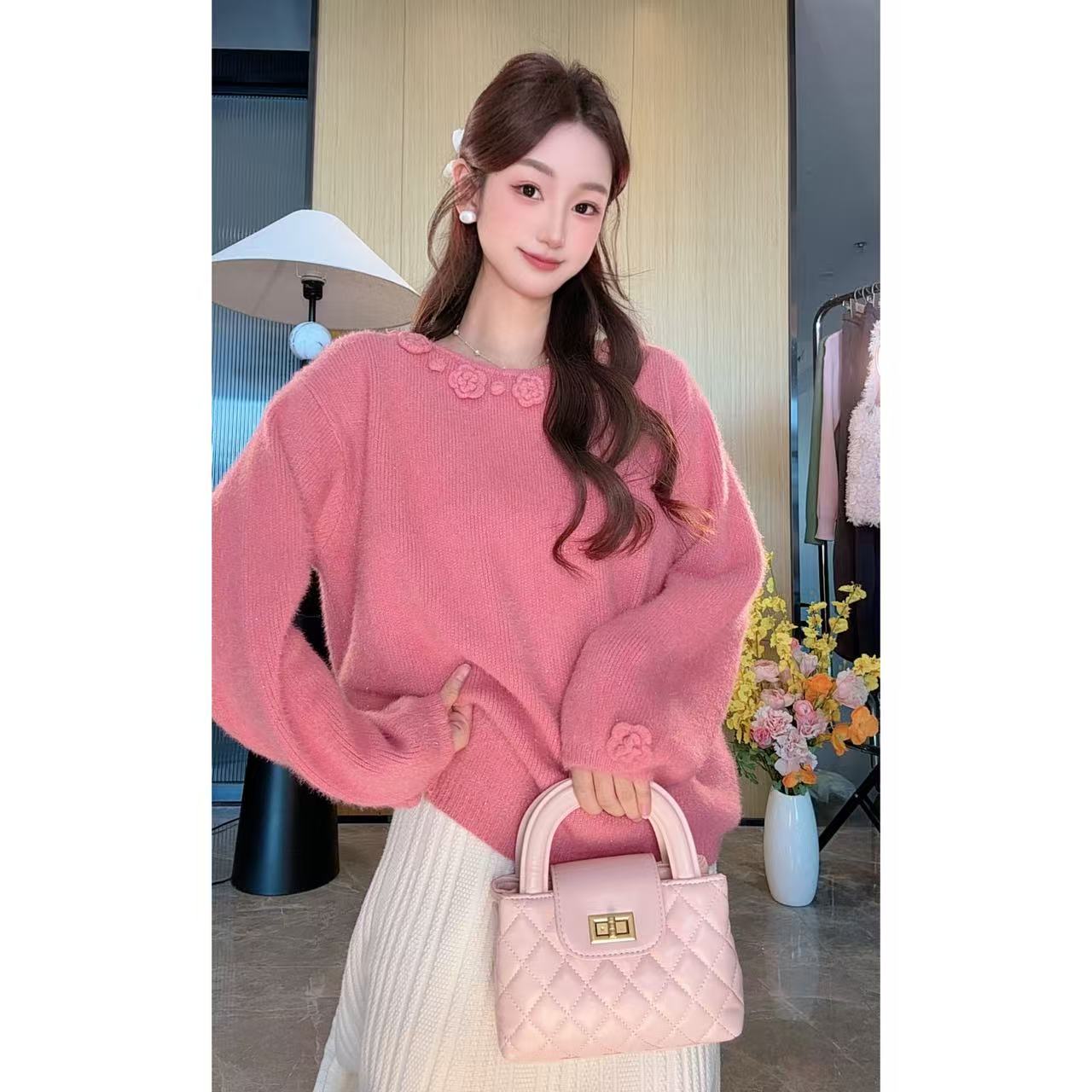 「好温柔啊」手工钩花细闪亮丝针织衫不起球毛衣女秋冬穿搭