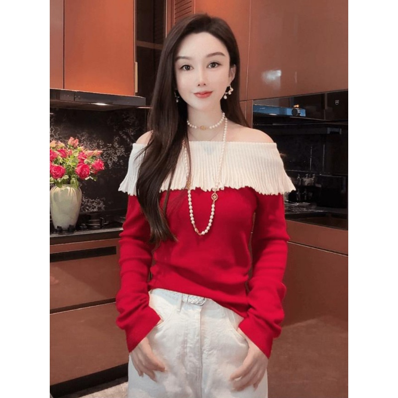 欧货爆款上衣高级感轻奢减龄洋气设计感小众红色一字肩T恤女秋季