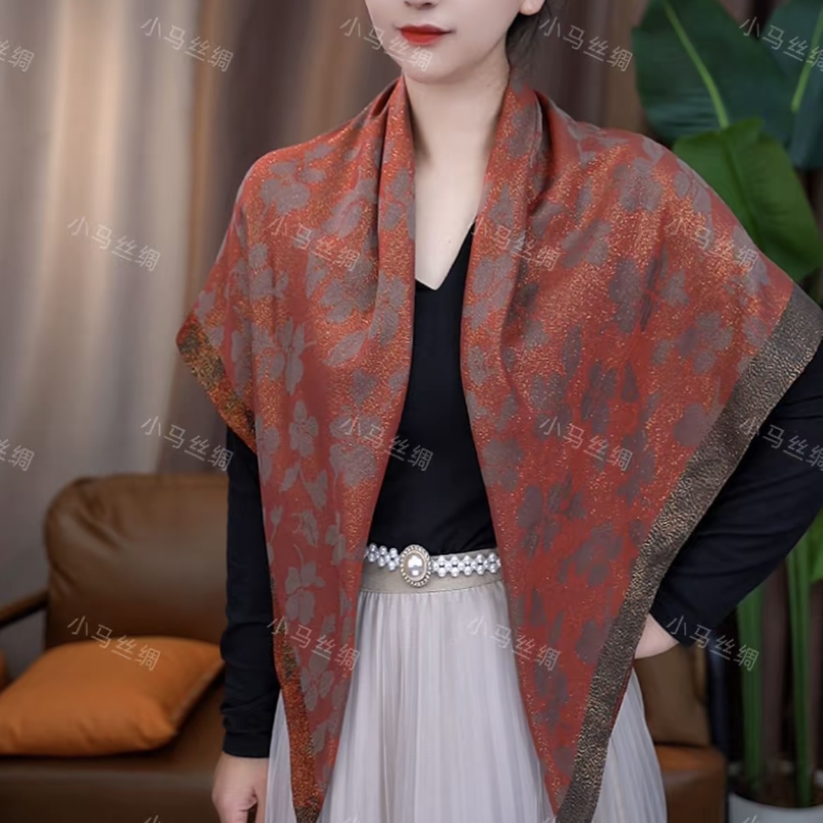 100*100金丝枫叶丝毛方巾女士提花围巾