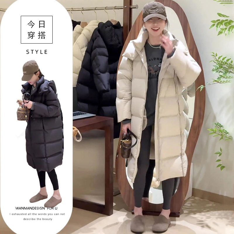 2025春季新款韩版气质宽松显瘦设计感纯色连帽棉服女长款过膝外套