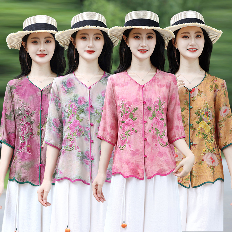妈妈夏装新中式国风中袖上衣新款中老年女装夏季复古刺绣遮肚小衫