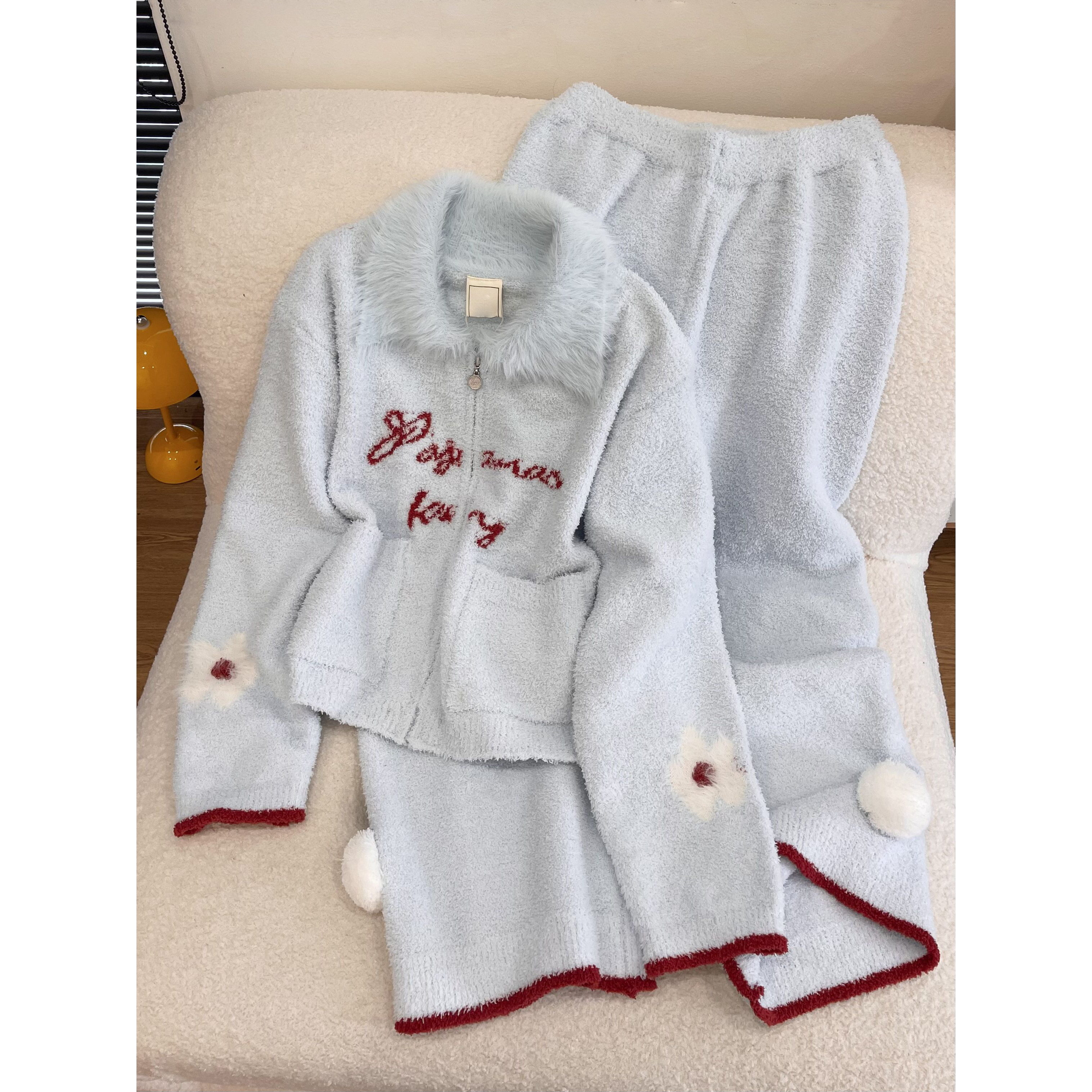 日系甜美可爱风少女半边绒睡衣女秋季2025新款大码宽松家居服套装