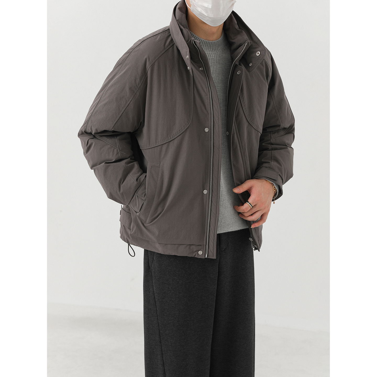 卓卓冬季韩国宽松双层立领夹克羽绒服 高级感加厚保暖白鸭绒外套