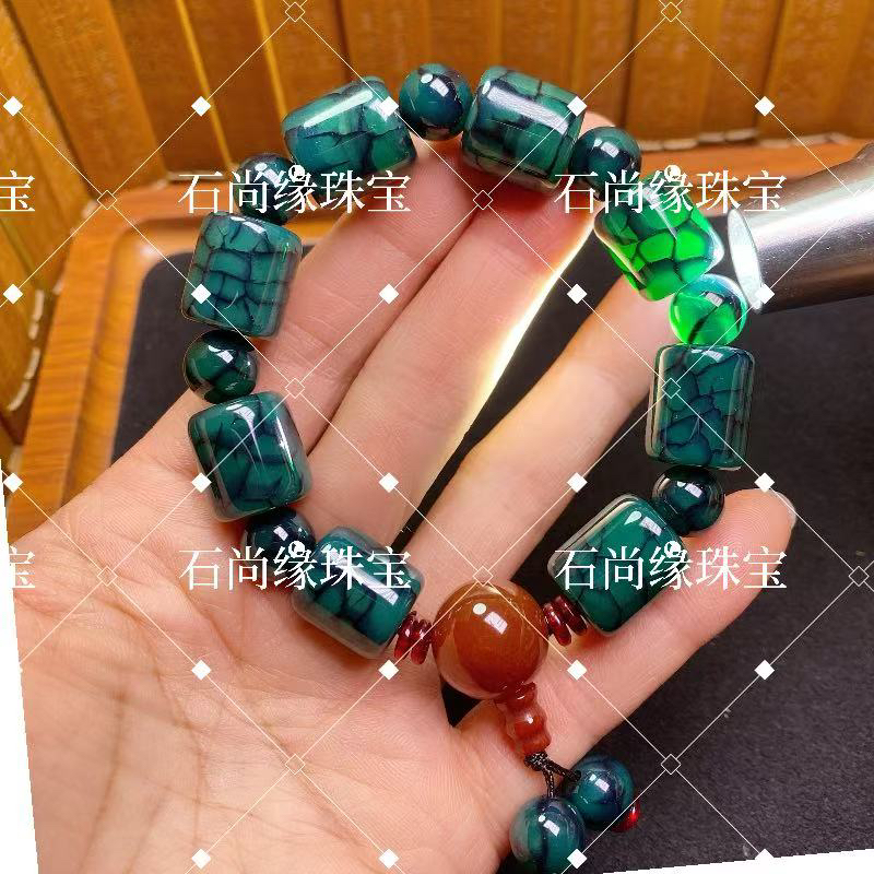 全珠绿色龙纹开片路路通手链霸气男款