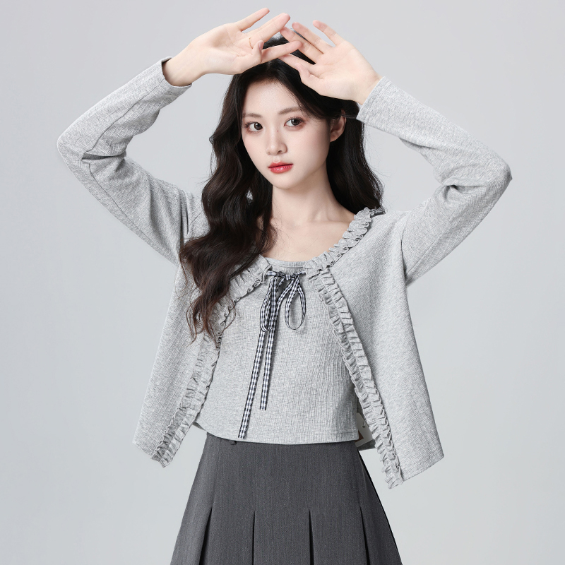 短款灰色木耳边针织开衫女春秋2025新款吊带背心两件套小个子上衣