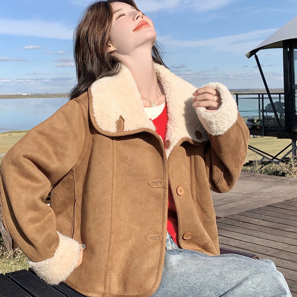 大眼妹儿两面穿皮毛一体外套女秋冬美拉德复古小个子麂皮绒上衣