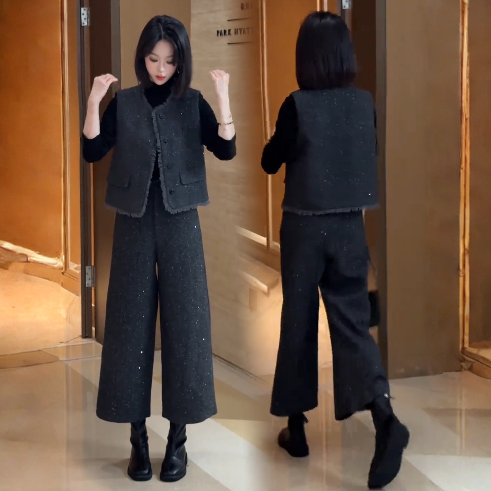 小香风时尚套装女2025秋季新款洋气显瘦马甲打底衫阔腿裤三件套潮
