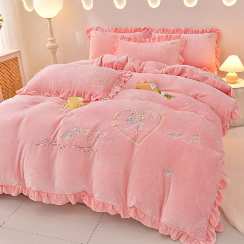 加厚刺绣花边牛奶绒床上四件套公主风冬季保暖加绒珊瑚绒床单被套