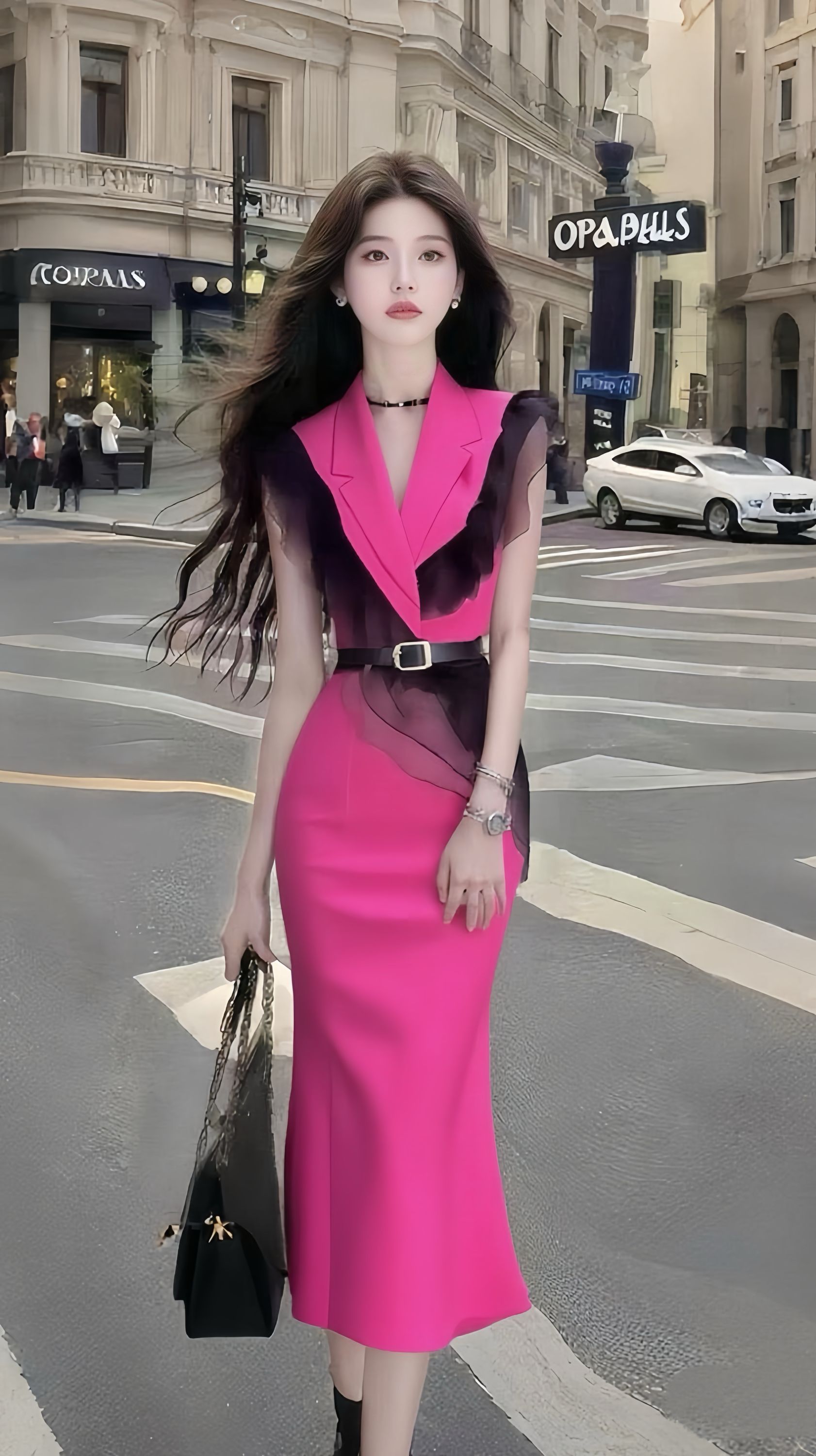 夏季新款别致设计感玫红色V领收腰系带连衣裙气质显瘦氛围感长裙